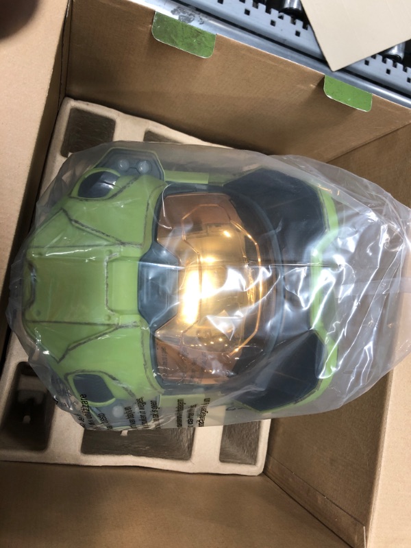 Photo 3 of HALO Master Chief Deluxe Helmet with Stand - LED Lights on Each Side - Battle Damaged Paint - One Size Fits Most - Build Your Halo Universe, Green