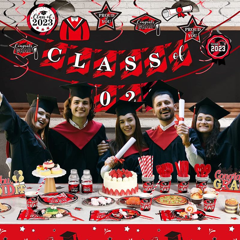 Photo 1 of 294 Pcs Graduation Party Decorations Class of 2023 Graduation Party Supplies Including Graduate Tableware Balloons Paper Plates Napkins Cups Plastic Tablecloth Banner Hanging Swirls (Red)