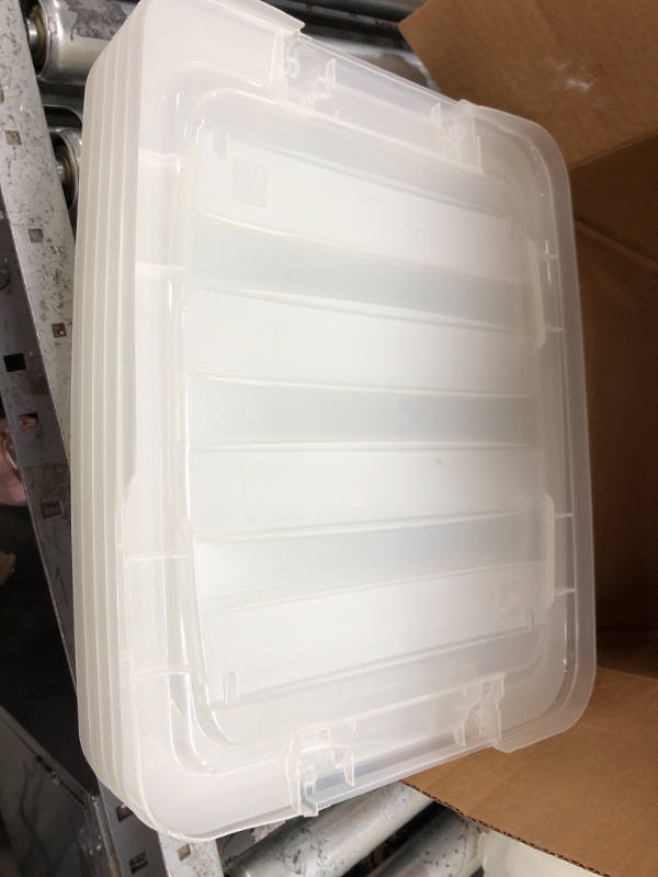 Photo 4 of ***One bucket has a hole and three lids have cracks IRIS USA 19 Qt. Plastic Storage Bin Tote Organizing Container with Durable Lid and Secure Latching Buckles, Stackable and Nestable, 6 Pack, clear with Black Buckle c) 19 Qt. - 6 Pack