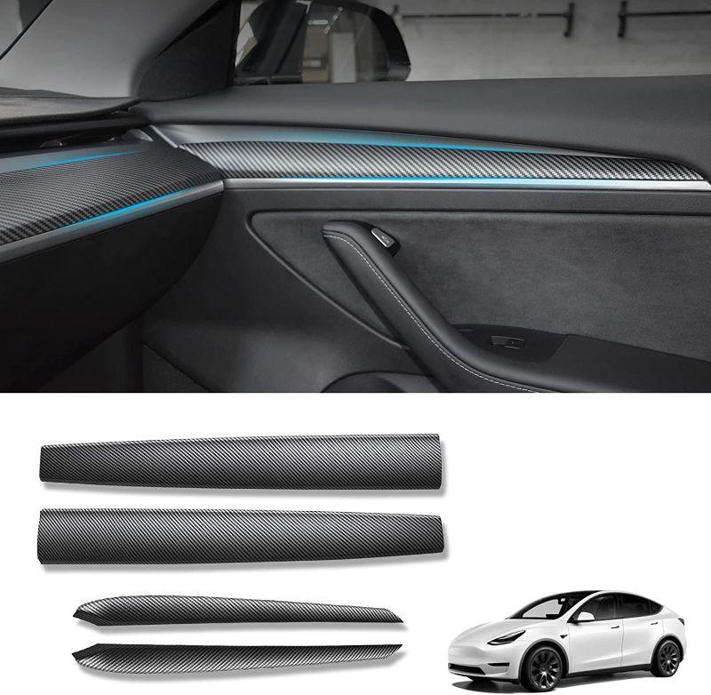 Photo 1 of KKTR-CAR Dashboard Cover Wrap and Front Door Inner Armrest Panel Cover Trim Compatible with Tesla Model Y/ 3 (4 pcs) (Matte Carbon Fiber Pattern)