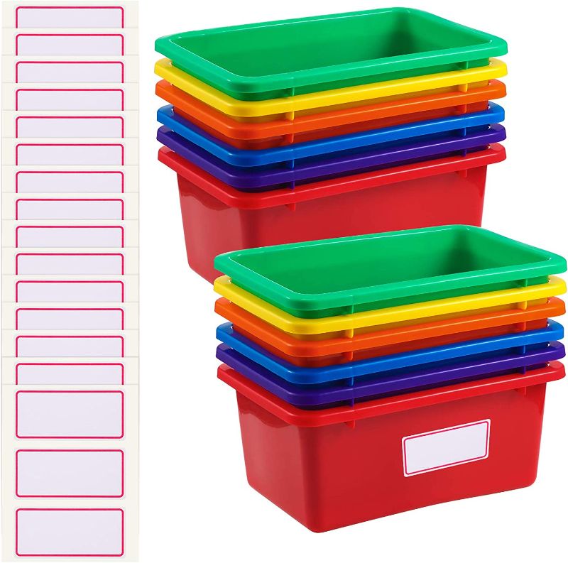 Photo 1 of (*ATTENTION NEEDS CLEANING )* 12 Pieces Plastic Cubby Bins Office Kids Storage Container Kids Toy Storage Organizer Bins with 1 Pack Self Adhesive Label for Classroom (Mixed Colors,11.6 x 7.7 x 4.9 Inch)