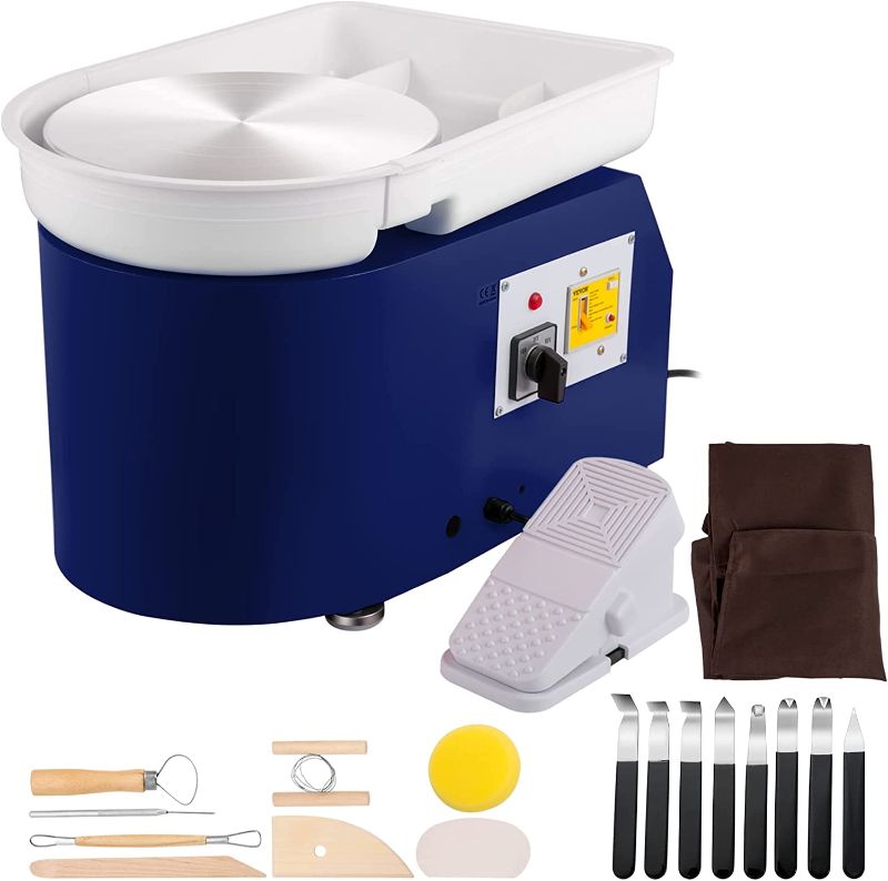 Photo 1 of VEVOR Pottery Wheel 28cm Pottery Forming Machine with Detachable Basin Foot Pedal Control 350W Art Craft DIY Clay Tool for Art Craft Work and Home DIY Blue, 18 Piece
