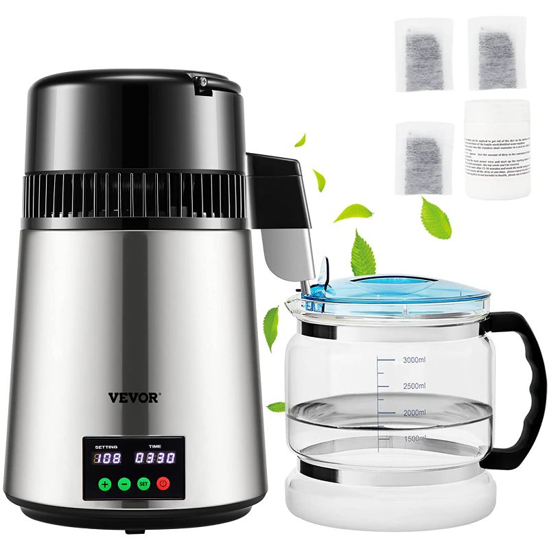 Photo 1 of VEVOR 1.1 Gal Water Distiller, 0.3 Gal/H, Distilled Water Maker Machine 750W 0-99H Timing Set Temp Display, 304 Stainless Steel Countertop Distiller Glass Carafe Cleaning Powder 3 Carbon Packs, Silver
