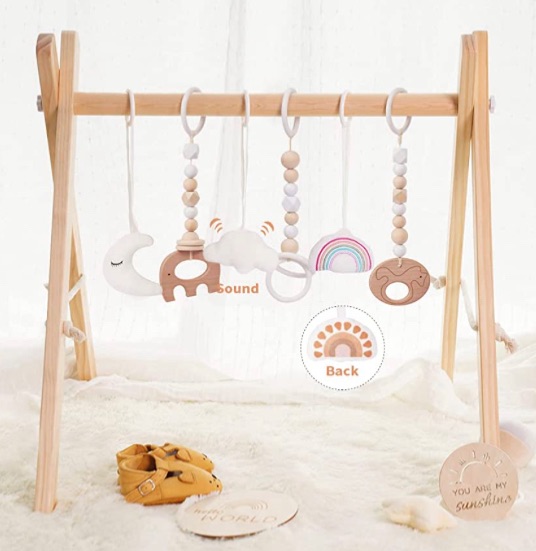 Photo 1 of Baby Play Gym Wooden Baby Gym with 6 Toys Foldable Baby Play Gym Frame Activity Gym Hanging Bar Newborn Gift Baby Girl Boy Gym Montessori Toy