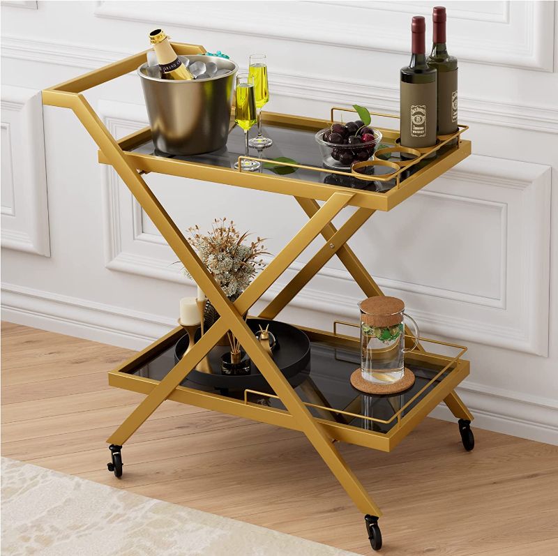 Photo 4 of  Bar Cart [Black Tempered Glass] [Universal Wheels] [2 Tiers] for Living Room Dining Room