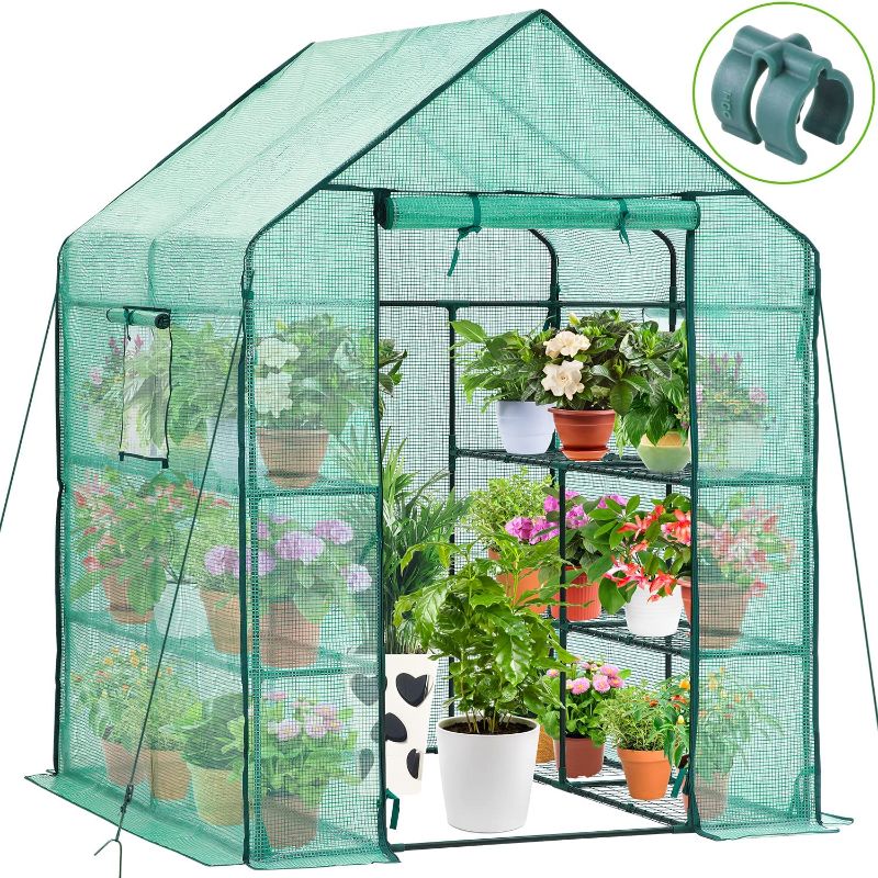 Photo 1 of MINOR BLADE DAMAGE*
Greenhouse for Outdoors with Screen Windows, Ohuhu Walk in Plant Greenhouses Heavy Duty with Durable PE Cover, 3 Tiers 12 Shelves Stands 4.8x4.8x6.3 FT Plastic Portable Green House with Shelf Clips
