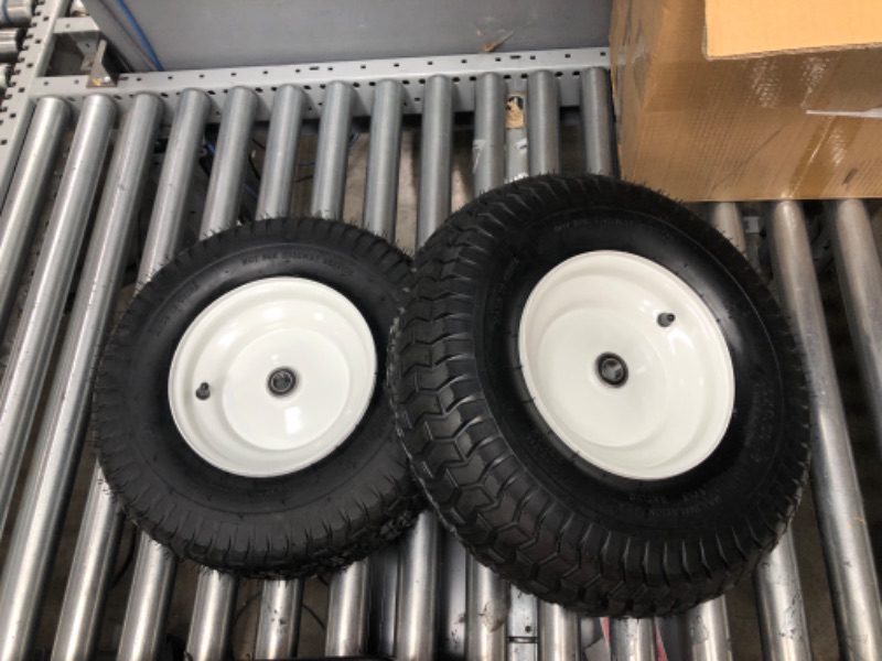 Photo 2 of (2-Pack) 16x6.50-8 Tubeless Tires on Rim - Universal Fit Riding Mower and Yard Tractor Wheels - With Chevron Turf Treads - 3" Offset Hub, 3/4" and 5/8" Bearings - 4 Ply with 615 lbs Load Capacity
