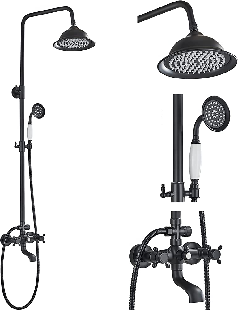Photo 1 of ?????? ??????? ?????? ???????? Matte Black 3 Function Outdoor Shower Kit 2 Knobs 8 Inch Shower Head with Handheld Spray and Tub Spout Bathroom Shower System Wall Mounted