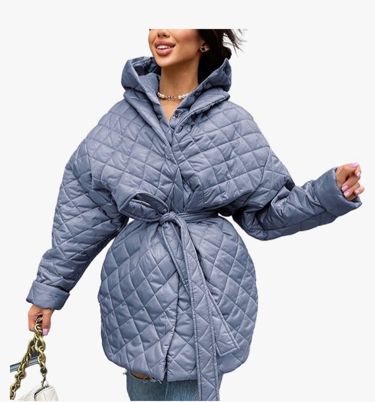 Photo 1 of BTFBM Women Button Down Quilted Jacket Coat 2023 Fall Winter Fashion Belt Pockets Removable Padded Hood Puffer Outerwear xl 