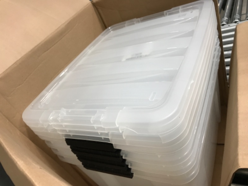 Photo 1 of IRIS USA 40 Qt. Plastic Storage Bin Tote Organizing Container with Durable Lid and Secure Latching Buckles, Stackable and Nestable, 6 Pack, clear with Black Buckle 40 Qt. - 6 Pack
