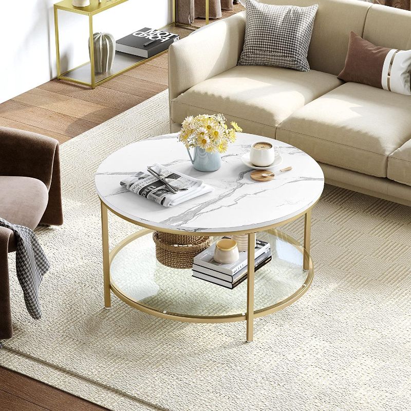 Photo 1 of 
YITAHOME White Marble Round Coffee Table with Glass, Black Coffee Tables for Living Room, 2-Tier Circle Coffee Table with Storage Clear Coffee Table, Simple...
Color:White and Gold