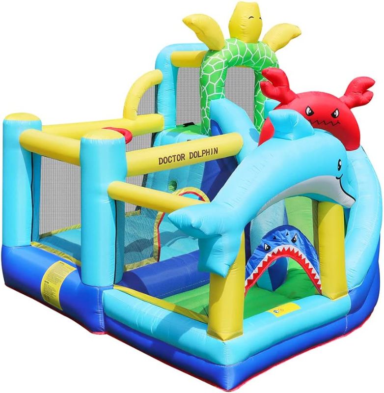 Photo 1 of 
Doctor Dolphin Kids Bounce House Slide with Blower, Ball Pit, Ocean Theme, Basketball Hoop, Toddler Blow up Bouncy House Jumper for Kids Indoor or Outdoor,