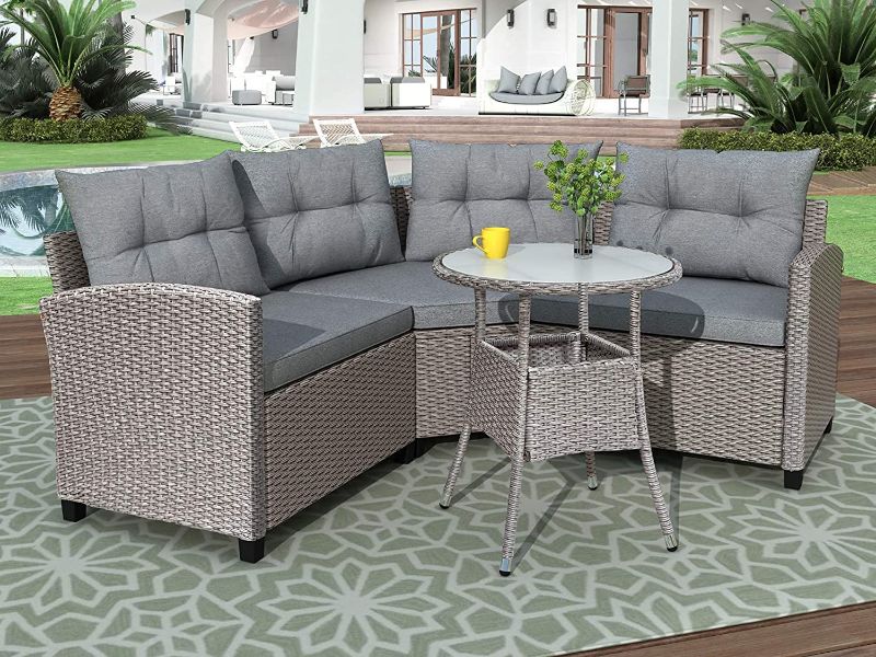 Photo 1 of 
BOX 1 of 3*****GAOPAN 4 Piece Patio PE Rattan Furniture Sets with Soft Cushions & Round Table, Outdoor Wicker Sectional Sofa for Balcony Porch Garden, Light Grey
Color:Light Grey
Style:4 Piece Patio Furniture Sets