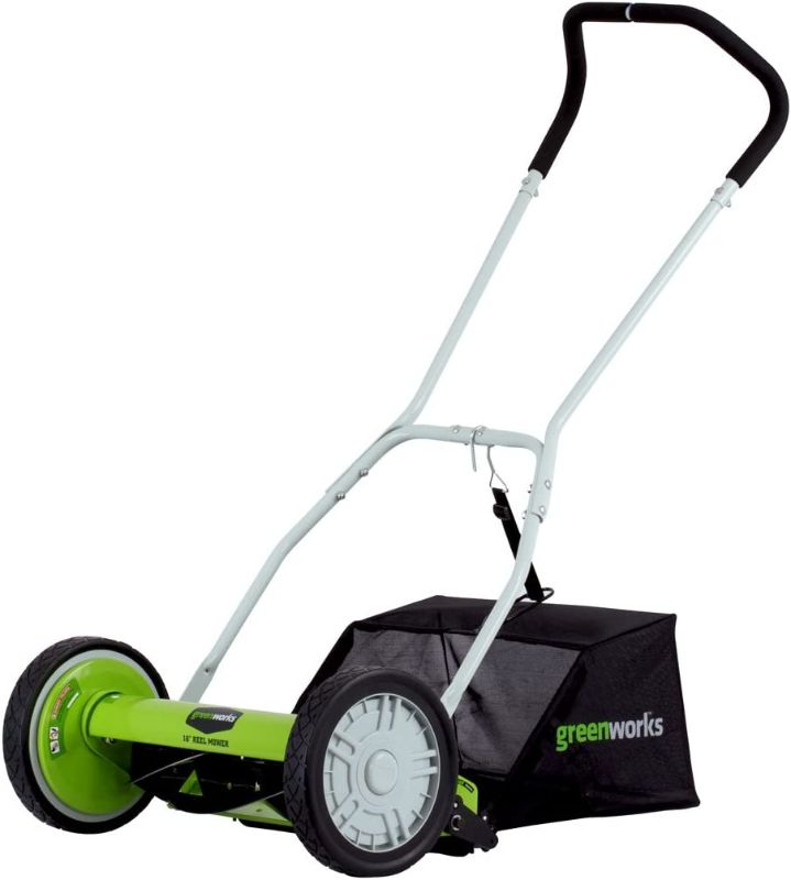 Photo 1 of 
Greenworks 16-Inch Reel Lawn Mower with Grass Catcher 25052,Black/Green, 47"D x 22"W x 29.75"H