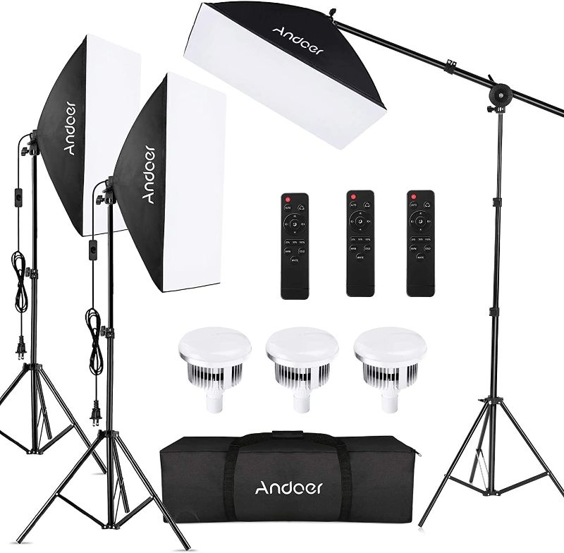 Photo 1 of Andoer Softbox Photography Lighting Kit Professional Studio Equipment with 20"x28" Softbox, 2800-5700K 85W Bi-Color Temperature Bulb with Remote, Light Stand, Boom Arm for Portrait Product Shooting
