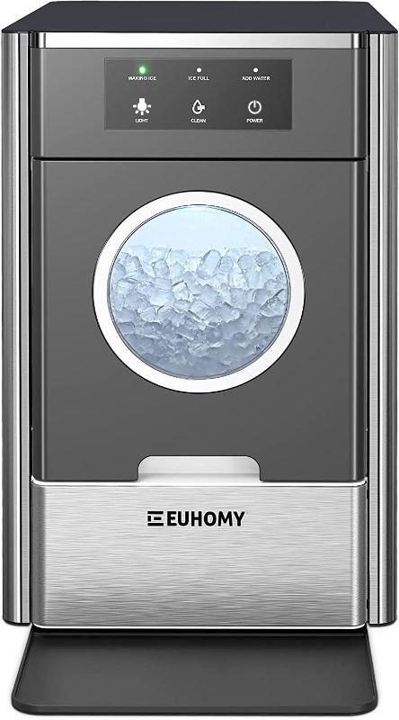 Photo 1 of **SEE NOTES**
EUHOMY Nugget Ice Maker Countertop, Max 33lbs/24H, 2 Ways Water Refill, LED Light, Self-Cleaning Pebble Ice Maker with Basket and Scoop, for Home/Kitchen/Camping/RV. (Black Silver)
