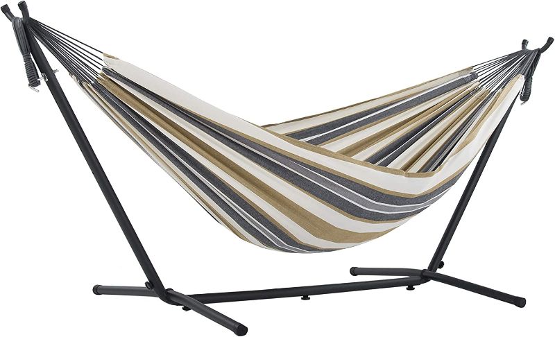 Photo 1 of 
Hammock Color is Different***********Vivere Double Cotton Hammock with Space Saving Steel Stand, Desert Moon with Charcoal Frame (450 lb Capacity, 110"L x 47"W - Premium Carry Bag Included)
Color:Desert Moon With Charcoal Frame
Pattern Name:Cotton Hammoc