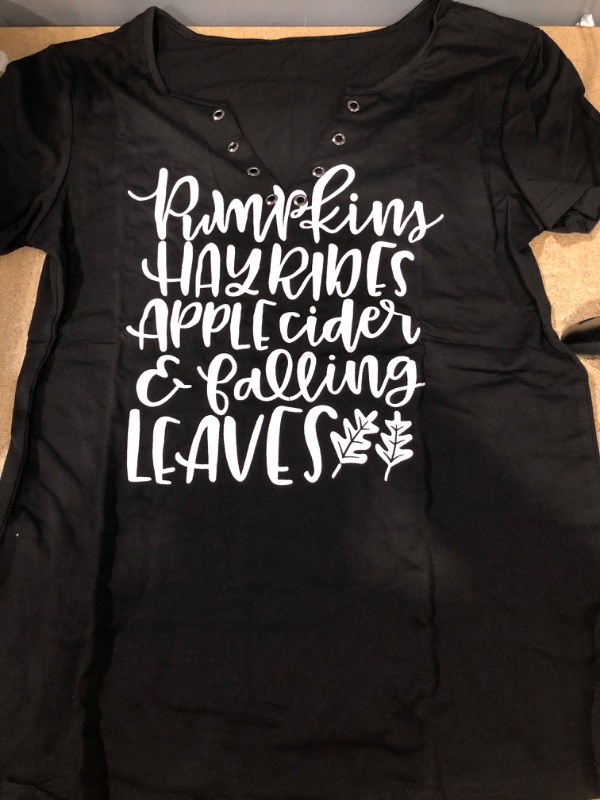 Photo 1 of LUKYCILD Pumpkins Hayrides Applecides Falling Leaves Shirt Women Halloween T-Shirt Short Sleeve Fall Thanksgiving Tops Black White Small