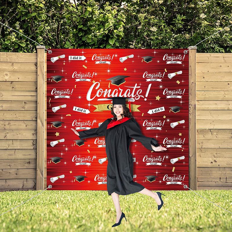 Photo 2 of 2023 Graduation Photography Backdrop Graduation Party Decorations Fabric Congratulate Grad Backdrop Graduation Celebration Background Banner for Prom Party 70.9 x 70.9 Inch (Red)