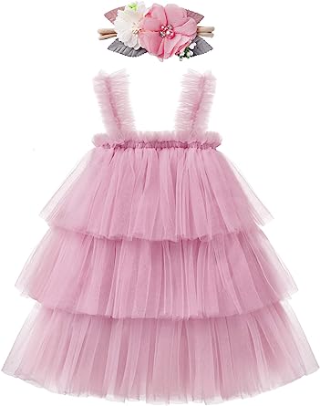 Photo 2 of Baby Girl Tulle Dress,Toddler Girl Tutu Dress Sleeveless Layered Princess Sundress with Flower Headband 6 MONTHS