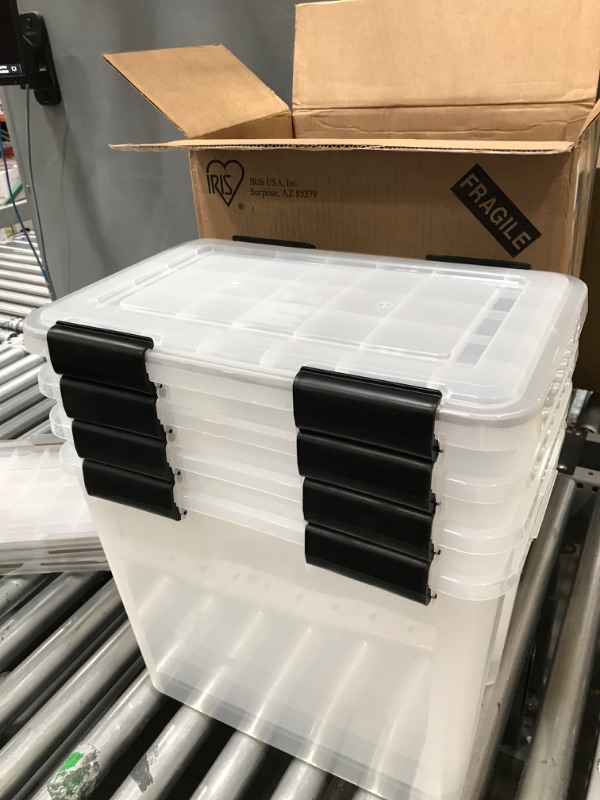 Photo 3 of *** 2 LIDS HAVE DAMAGE SEE PICTURES *** IRIS USA 36 Quart WEATHERPRO Plastic Storage Box with Durable Lid and Seal and Secure Latching Buckles, Weathertight, Clear with Black Buckles, 4 Pack 36 Qt. - 4 Pack