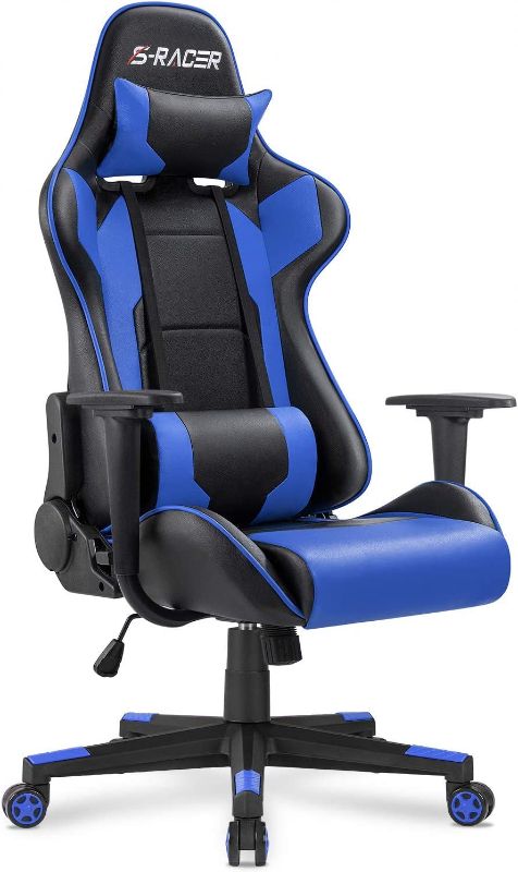 Photo 1 of  Gaming Chair, Office Chair High Back Computer Chair Leather Desk Chair Racing Executive Ergonomic Adjustable Swivel Task Chair with Headrest and Lumbar Support (Blue)