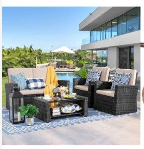 Photo 1 of ***This set comes in three boxes. there are only two boxes so one is missing***
Shintenchi 4-Piece Outdoor Patio Furniture Set, Wicker Rattan Sectional Sofa Couch, Black Black Furniture Set + Patio Lights, Black