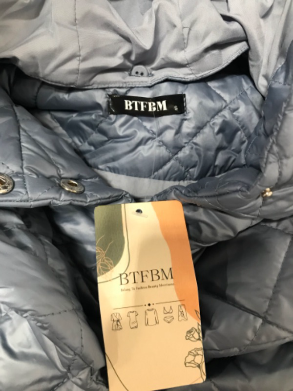 Photo 3 of BTFBM Women Button Down Quilted Jacket Coat 2023 Fall Winter Fashion Belt Pockets Removable Padded Hood Puffer Outerwear
size : S