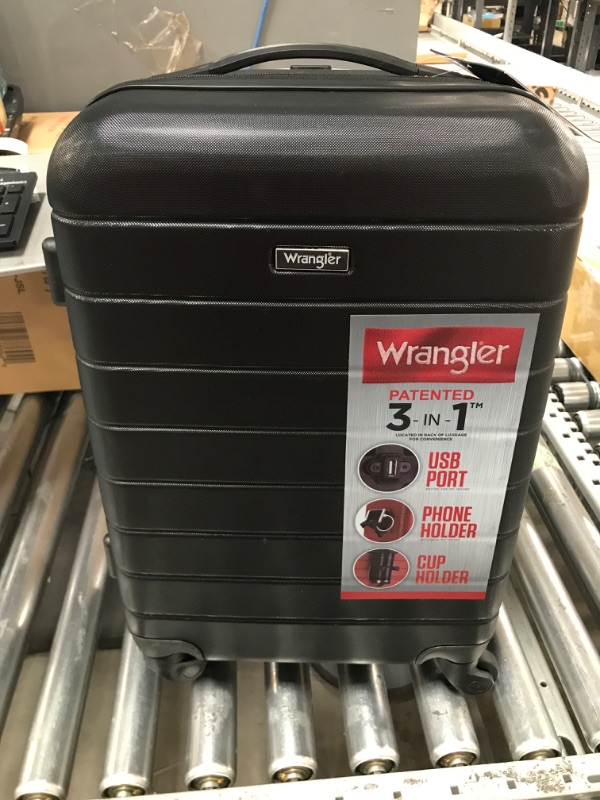 Photo 2 of ***MISSING COMPONENTS*** Wrangler Smart Luggage Set with Cup Holder and USB Port, Black, 2 Piece 2 Piece Set Black