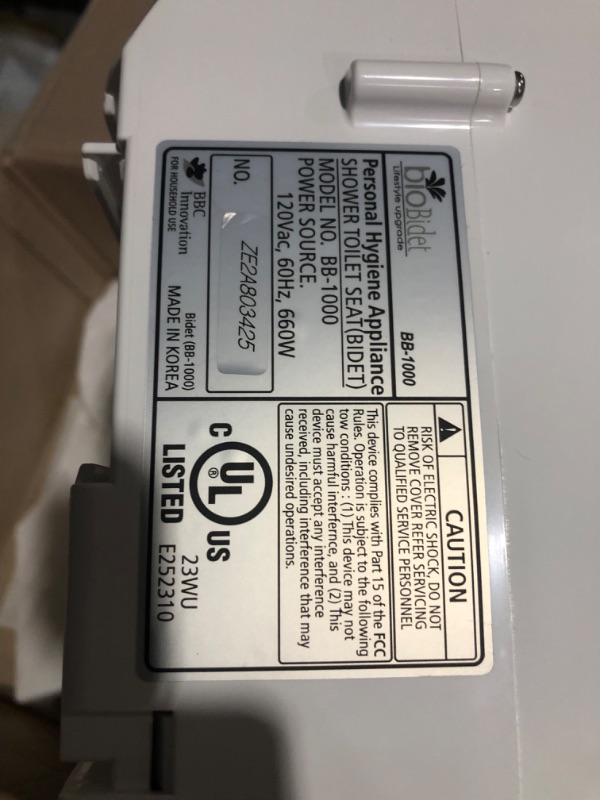 Photo 5 of ***MISSING COMPONENTS*** Bio Bidet by Bemis BB-1000W Supreme Warm Water Bidet Toilet Seat, Elongated, White BB-1000 Wireless Remote Elongated