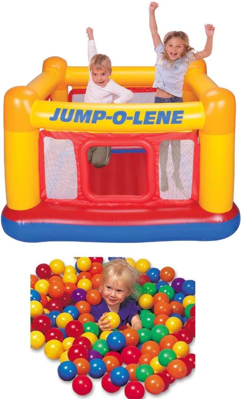 Photo 1 of Intex Inflatable Colorful Jump-O-Lene Indoor Outdoor Bouncy Kids Ball Pit Castle Jumper Bounce House for Kids Ages 3-6 w/ 100 Play Balls
