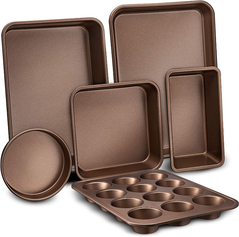 Photo 1 of 6-Pcs Nonstick Bakeware Set Baking Sheets, Non-Grease Cookie Trays, Wide & Square Bake Pan, Bread Loaf & Round Cake Pan, Designed Not To Wrap or Bend Out Of Shape - NutriChef
