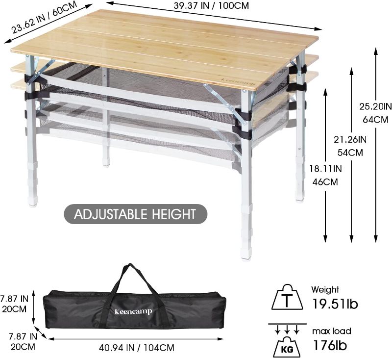 Photo 1 of (SEE NOTES) Keencamp Bamboo Folding Camping Table Portable with Carry Bag Heavy Duty 176 lbs Adjustable Height Foldable Table for Travel Picnic Beach Outdoor and Indoor 4-6 People 