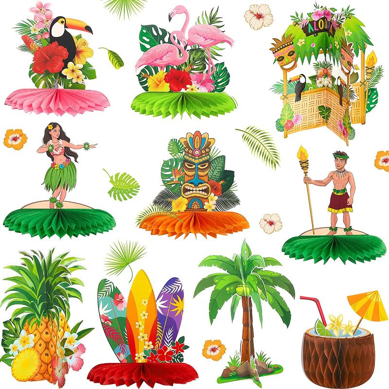 Photo 1 of 10 Pieces Hawaiian Luau Honeycomb Table Centerpiece Tiki Honeycomb Centerpieces Tropical Table Centerpiece 3D Flamingo Table Decorations for Hawaiian Luau Party Birthday Wedding Home Favor