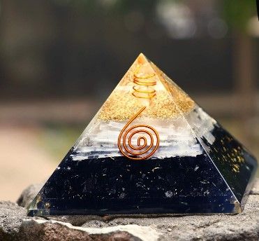 Photo 1 of 2 PACK - Crocon Black Tourmaline & Selenite Orgone Pyramid with Pendant of Pyramids Balancing Stone orgonite Gemstone Pyramid Reiki Healing Meditation Crystal organite Gift Office Home Decor Size 3 inch #01