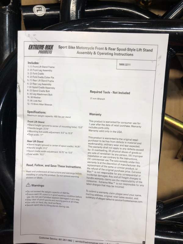 Photo 3 of Extreme Max 5600.3211 Sport Bike Motorcycle Front & Rear Spool-Style Lift Stand - Fits Most Yamaha, Honda, Kawasaki, Suzuki, Ducati, BMW