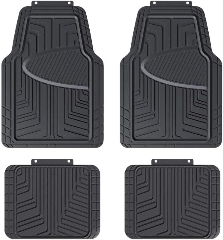 Photo 1 of Amazon Basics 4-Piece Premium Rubber Floor Mat for Cars, SUVs and Trucks, All Weather Protection, Universal Trim to Fit, Black
