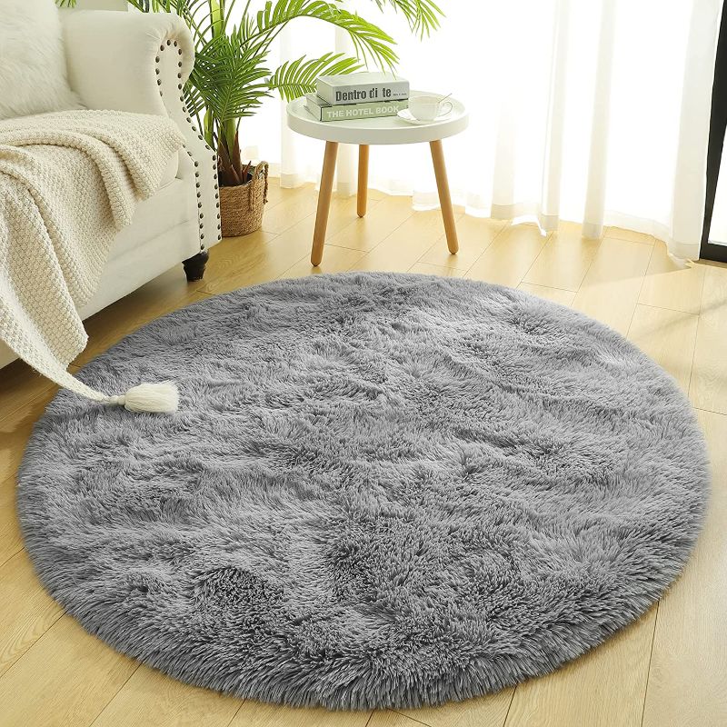 Photo 1 of  Round Area Rugs for Girls Bedroom 6  Feet Shaggy Circle Area Rug for Living Room, Soft Fuzzy Carpets for Princess Room, Cute Rug Kids Circular Playmats for Baby Nursery Home, Grey