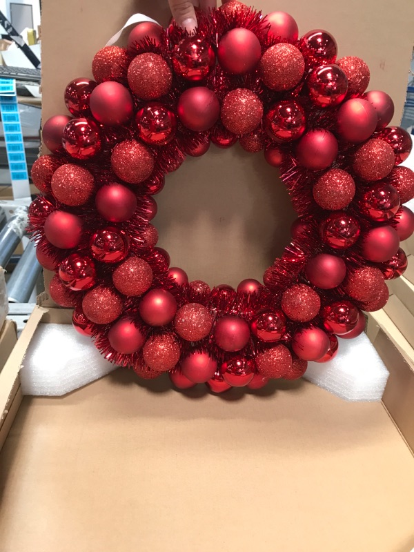 Photo 2 of 16 Inch Christmas Ball Wreath Home Party Decors Xmas Front Door Decorative Hanging Christmaswreaths Ball Ornaments Red