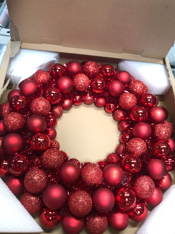 Photo 2 of 16 Inch Christmas Ball Wreath Home Party Decors Xmas Front Door Decorative Hanging Christmaswreaths Ball Ornaments Red