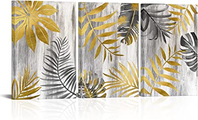 Photo 1 of HOMEOART Gold and Grey Tropical Leaf Painting Living Room Bedroom Decor Botanical Wall Art Framed Ready to Hang Large 3 Pieces