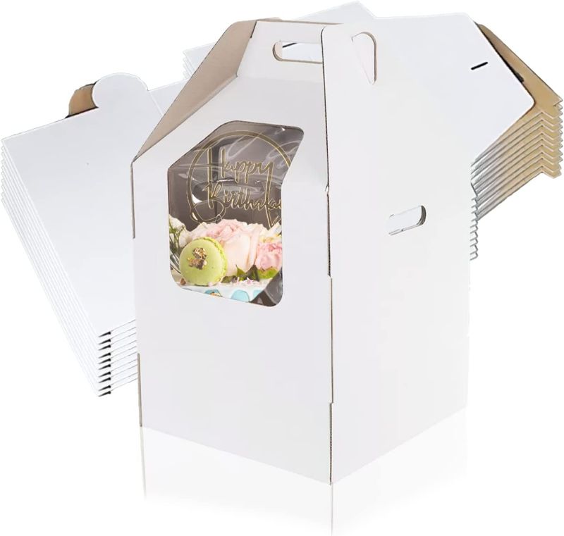 Photo 1 of Tall Cake Boxes - 10 inch cake boxes for tier cakes, with a transparent window, perfect for tiered cakes, with a practical and stable design (10x10x12, Set of 10)
