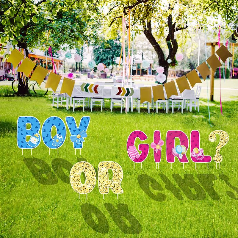 Photo 1 of Gender Reveal Decorations Yard Signs 10PCS Baby Gender Reveal Party Supplies Baby Shower yard letters with stakes for Indoor Outdoor Garden Lawn Decorations...
