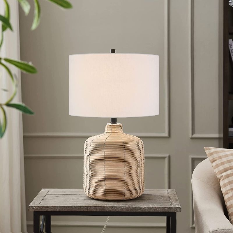 Photo 1 of 
360 Lighting San Marcos Modern Coastal Table Lamp 27" Tall Natural Wicker Black Metal Oatmeal Fabric Drum Shade Decor for Living Room Bedroom House