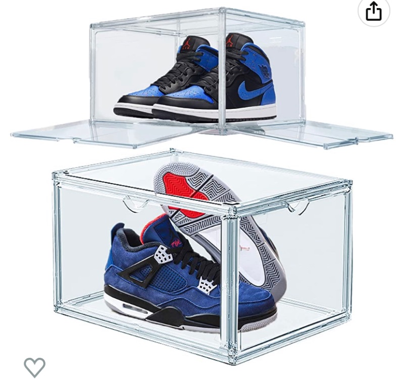 Photo 1 of 2 Packs Acrylic Shoe Display Boxes, 2-Door Magnetic Storage Containers- Both Front and Side Open, 360° Fully Transparent Professional Grade Display Case for Sneakerhead-Fits US Size 14