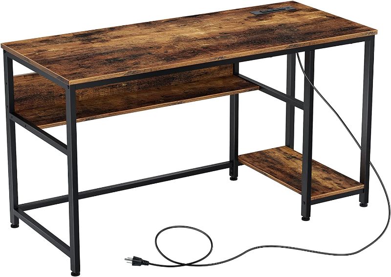 Photo 1 of Rolanstar Computer Desk 55” with Power Outlet & Storage Shelves, Home Office PC Desk with USB Ports Charging Station, Writing Study Desktop Table with Stable Metal Frame, Rustic Brown
