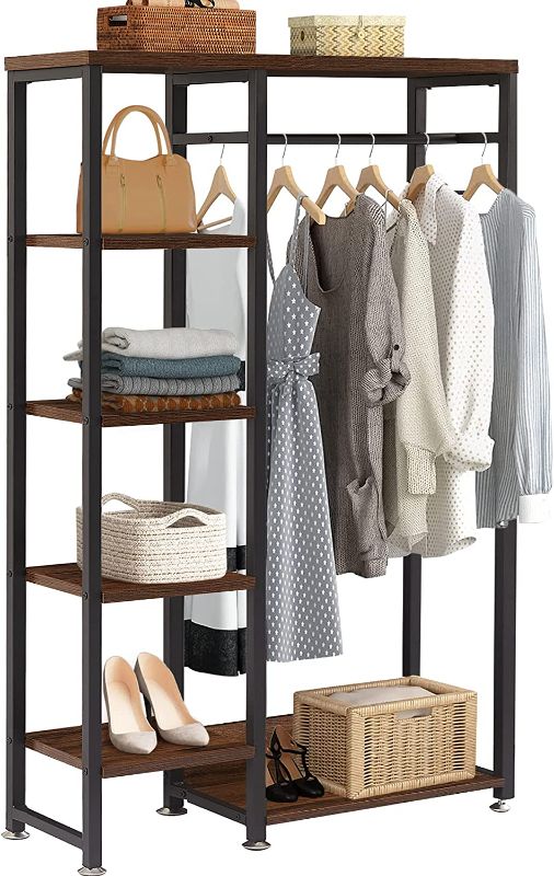 Photo 1 of **LOOSE HARDWARE**VECELO Free-Standing Heavy Duty Vintage Closet/Storage Organizer for Bedroom Clothes Garment Rack with Shelves and Hanging Rod, Dark Brown

