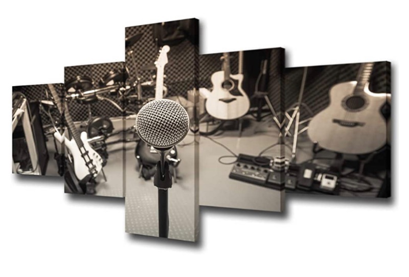 Photo 1 of 5 Panel Canvas Prints Wall Art - Focus Microphone and Blur Musical Equipment Guitar,Lyric, Drum Piano background | Modern Wall Decor Home Decoration Stretched Gallery Canvas Ready to Hang 50"W x 24"H