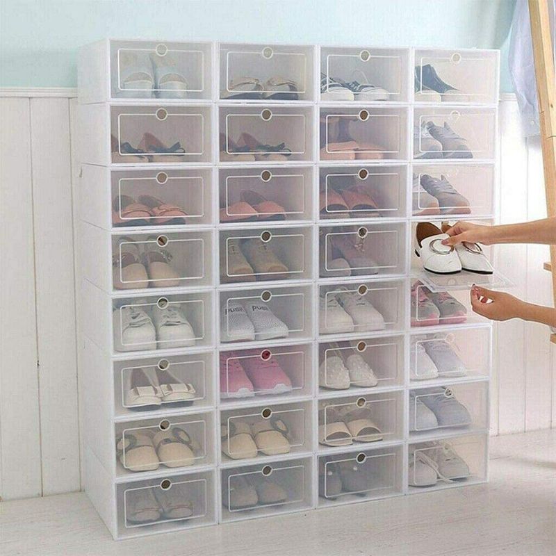 Photo 1 of 24 Pack Shoes Storage Boxes - Clear Plastic Foldable Stackable Shoe Organizer Containers Bins Holders for Closet Bedroom Small Space, 33x23x14 cm
