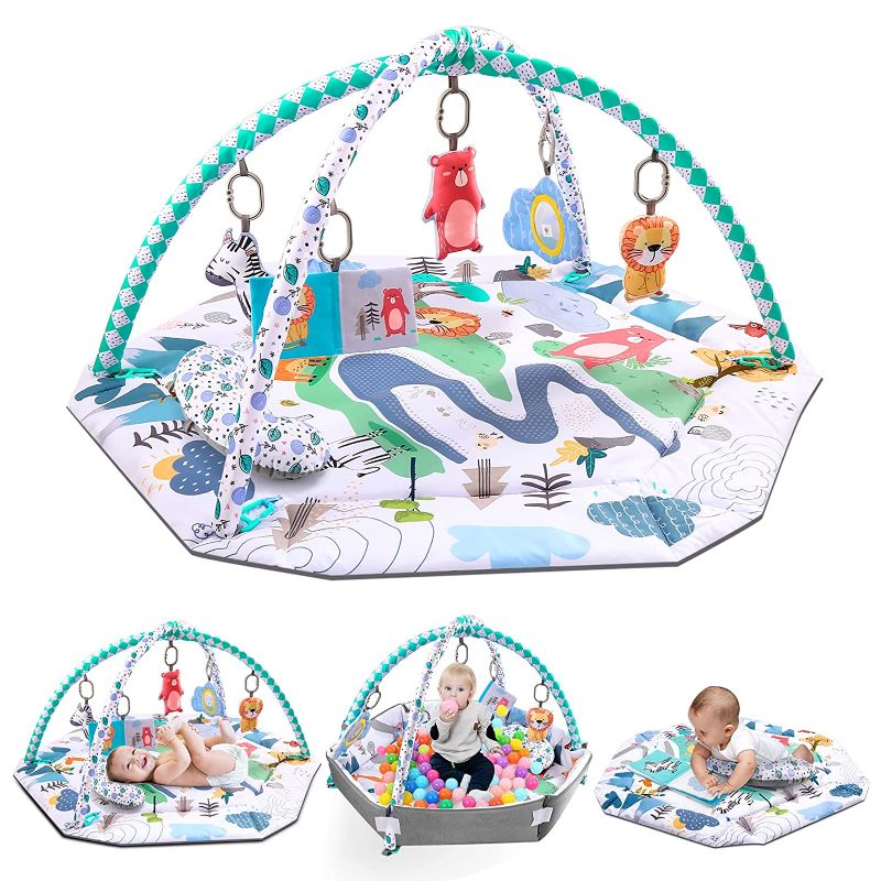 Photo 1 of (*USED STOCK PICTURES AS REFERENCE *)4-in-1 Baby Gym Activity Play Mat & Ball Pit, with High Contrast Toys & Self-Discovery Mirror & Tummy Time Pillow for Sensory and Motor Skill Development 